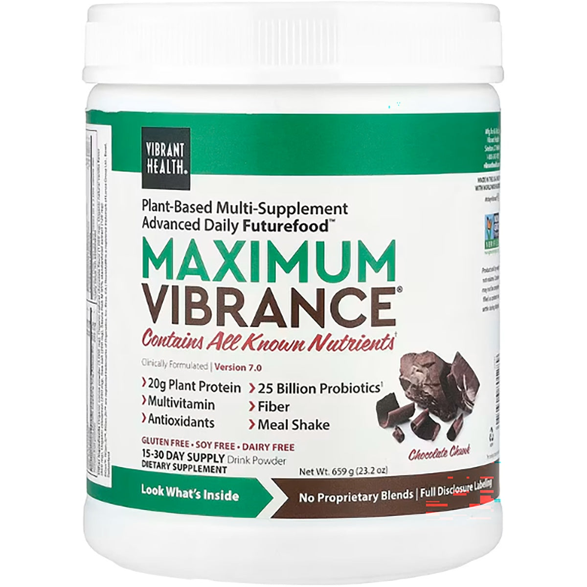 VH039 | Vibrant Health Maximum Vibrance Chocolate Chunk plant-based meal shake powder, front label