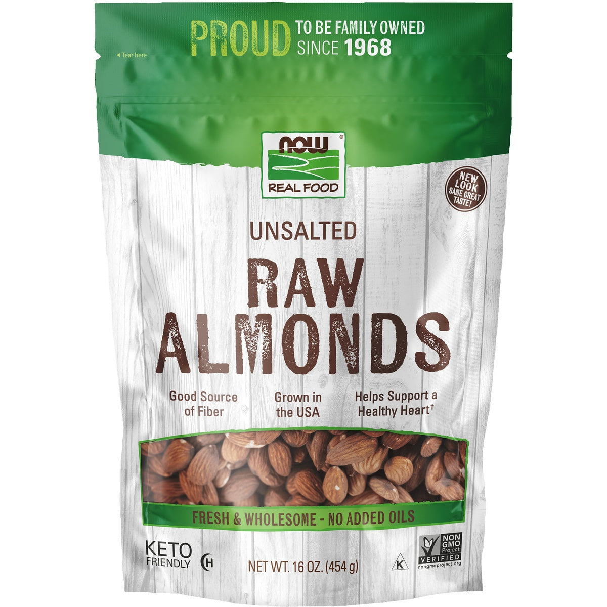 NWF927 | Now Real Food raw unsalted almonds 16 oz bag front packaging labeled Always Non-GMO