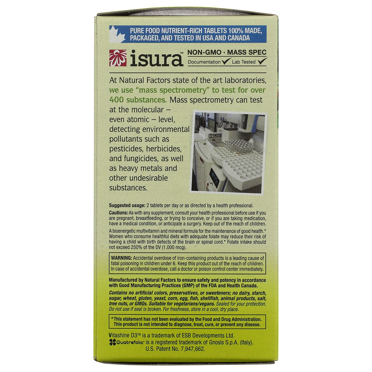 NFC192 | Back panel of Isura supplement box with usage instructions, cautions, warning text, and lab testing details