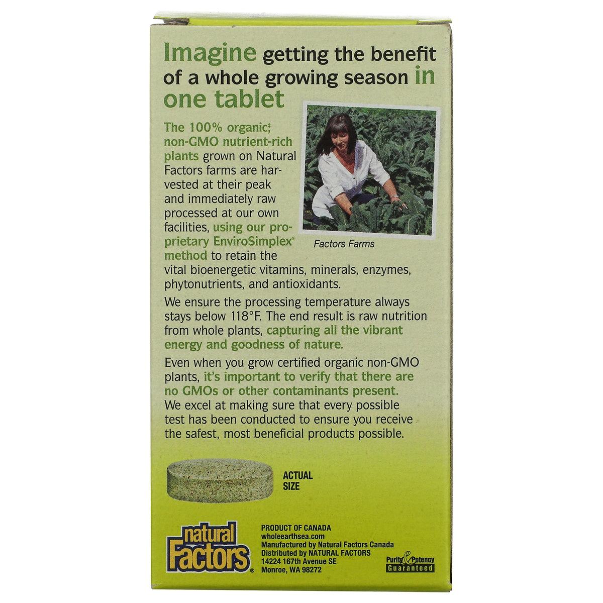NFC192 | Natural Factors product box back with ingredient and marketing text, plant photo, and actual size tablet image