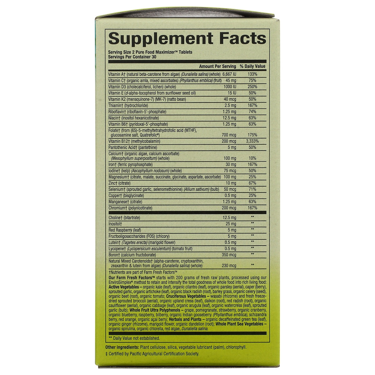 NFC192 | Supplement Facts label showing vitamins, minerals, amounts per serving and other ingredients