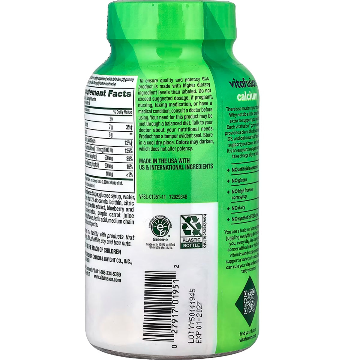 VFS015 | Back of Vitafusion calcium gummy bottle with key features