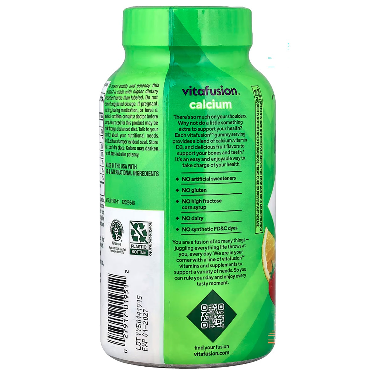 VFS015 | Vitafusion calcium gummy supplement bottle with no artificial sweeteners, gluten, dairy, or synthetic FD&C dyes