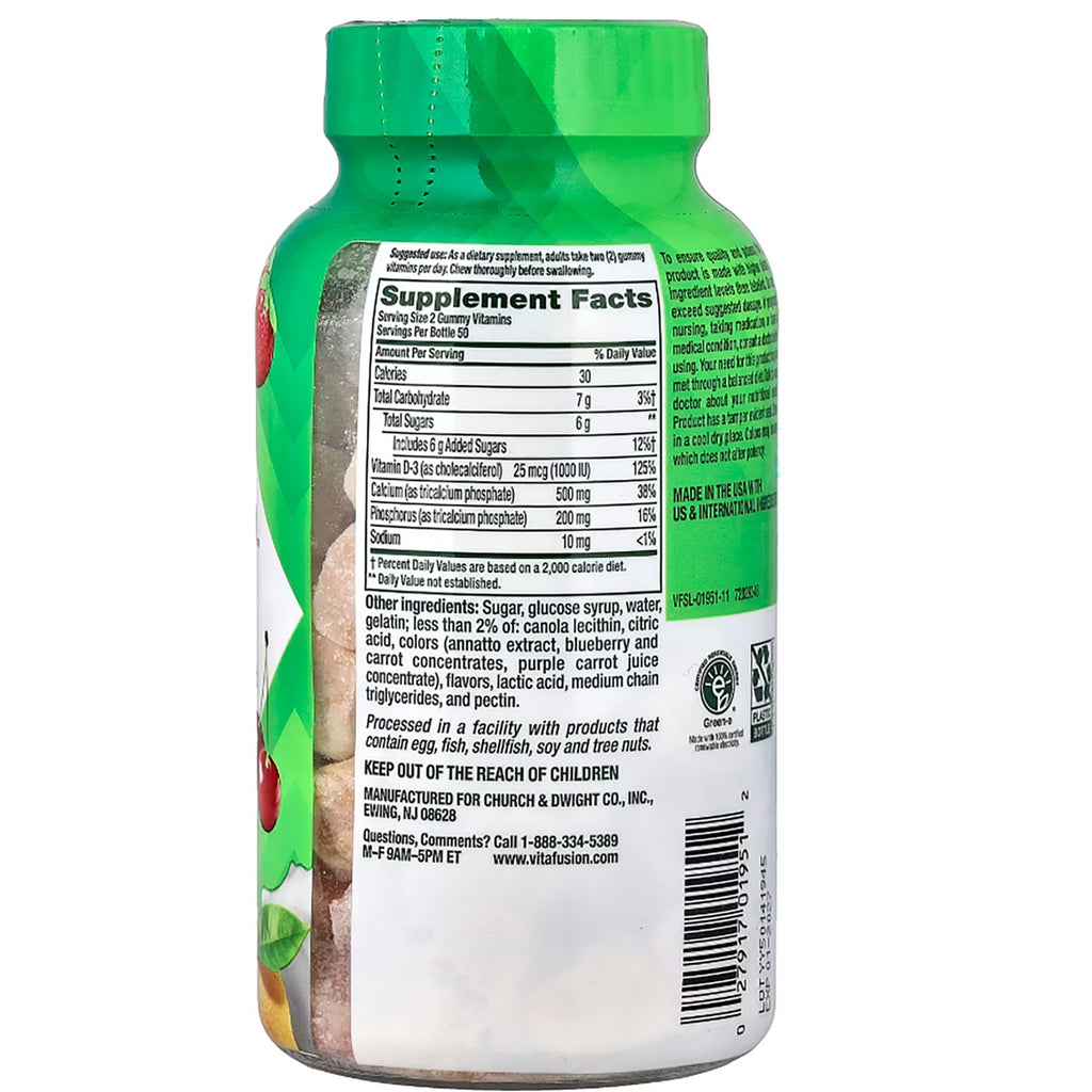VFS015 | Back of Vitafusion calcium gummy bottle with Supplement Facts, ingredients, warnings, and recycling icons - Thumbnail