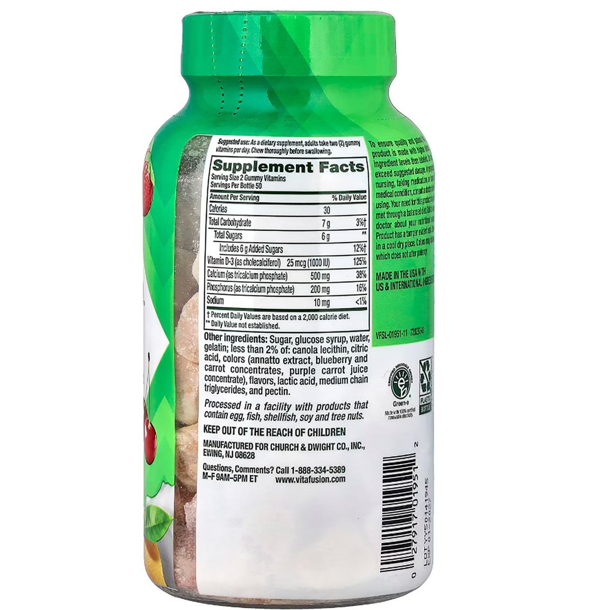 VFS015 | Back of Vitafusion calcium gummy bottle with Supplement Facts, ingredients, warnings, and recycling icons