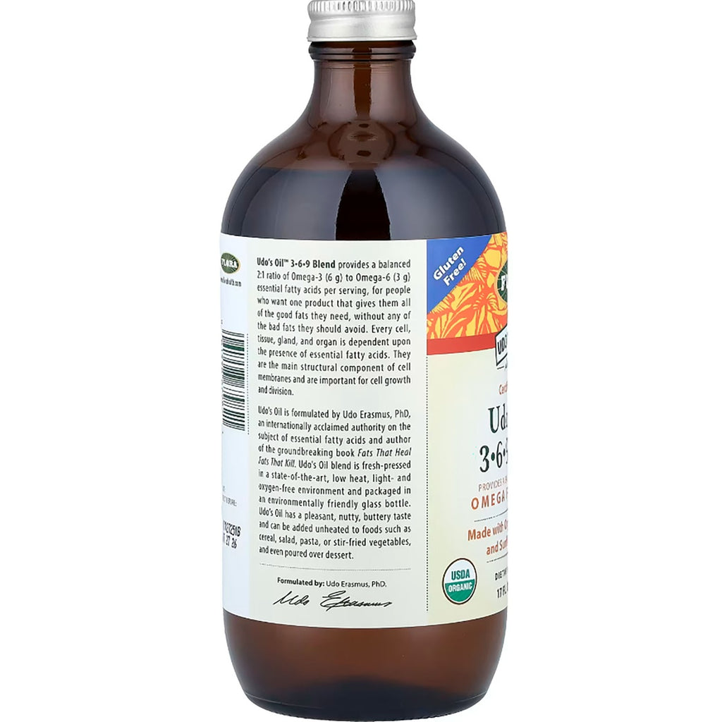 FL029 | Back of Flora Udo's Oil box labeled What is in Udo's Oil? listing flax, sesame, sunflower, coconut - Thumbnail