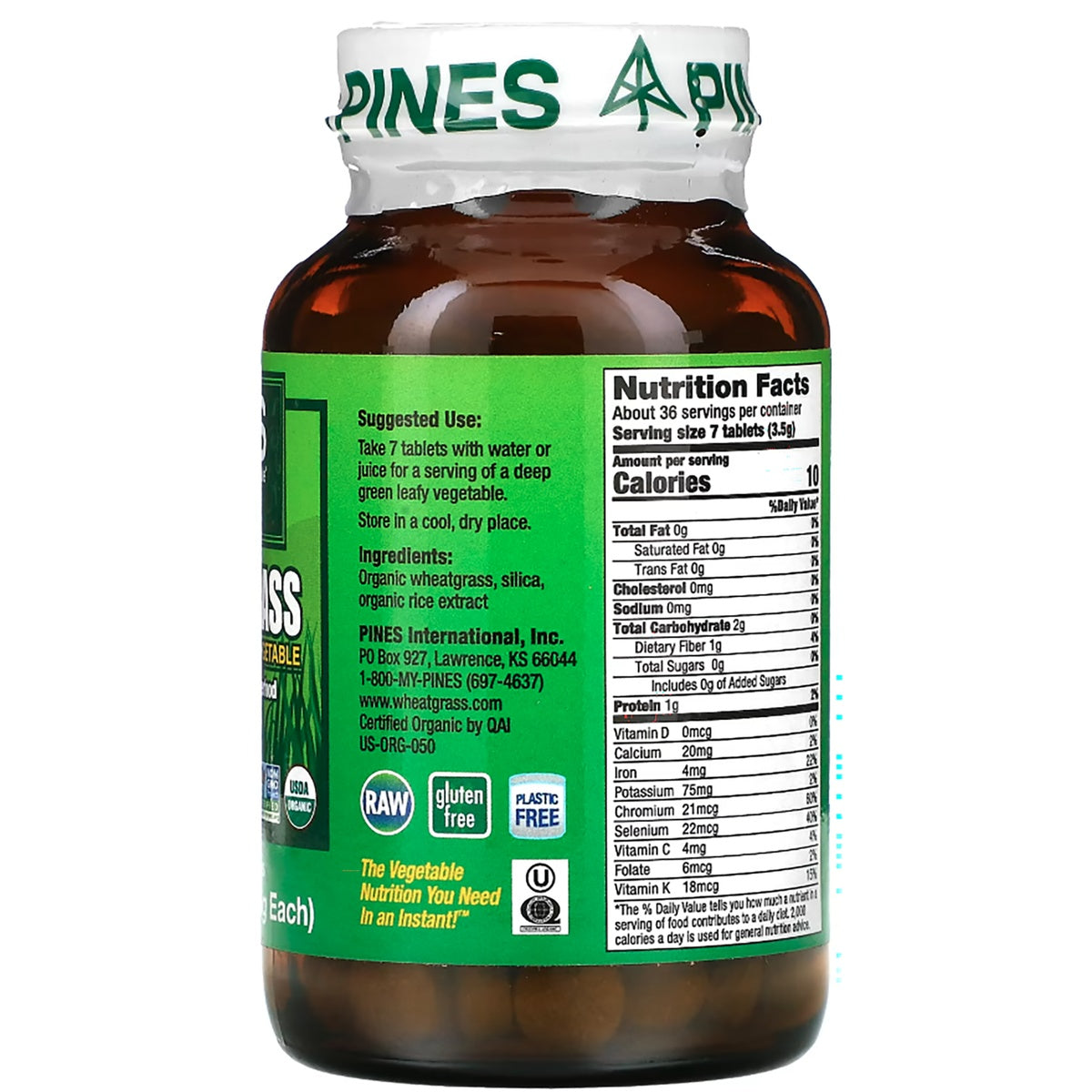 PNN012 | Back label of Pines wheatgrass supplement bottle with nutrition facts, ingredients, and suggested use