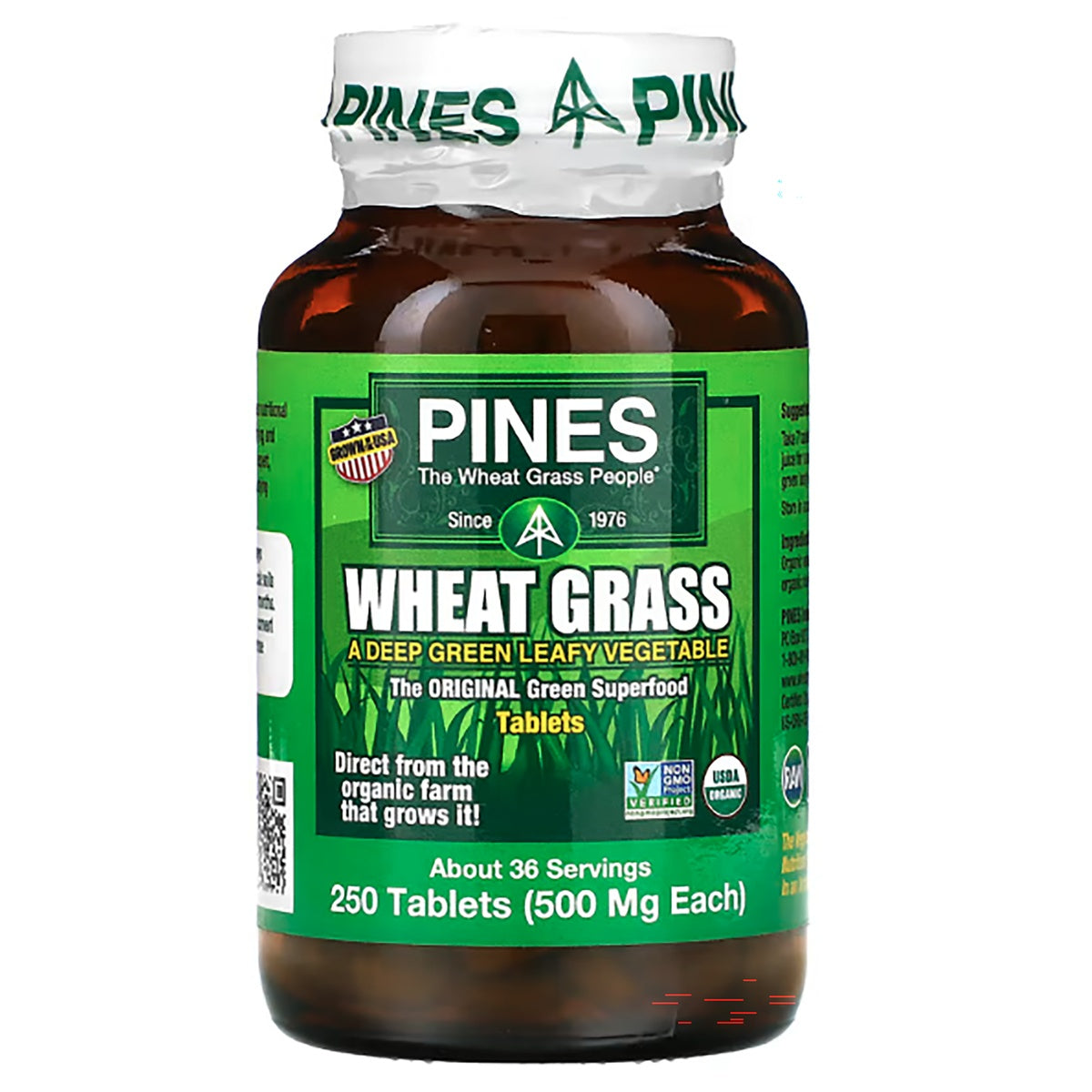 PNN012 | PINES Wheat Grass tablets bottle, 250 tablets (500 mg each), green label