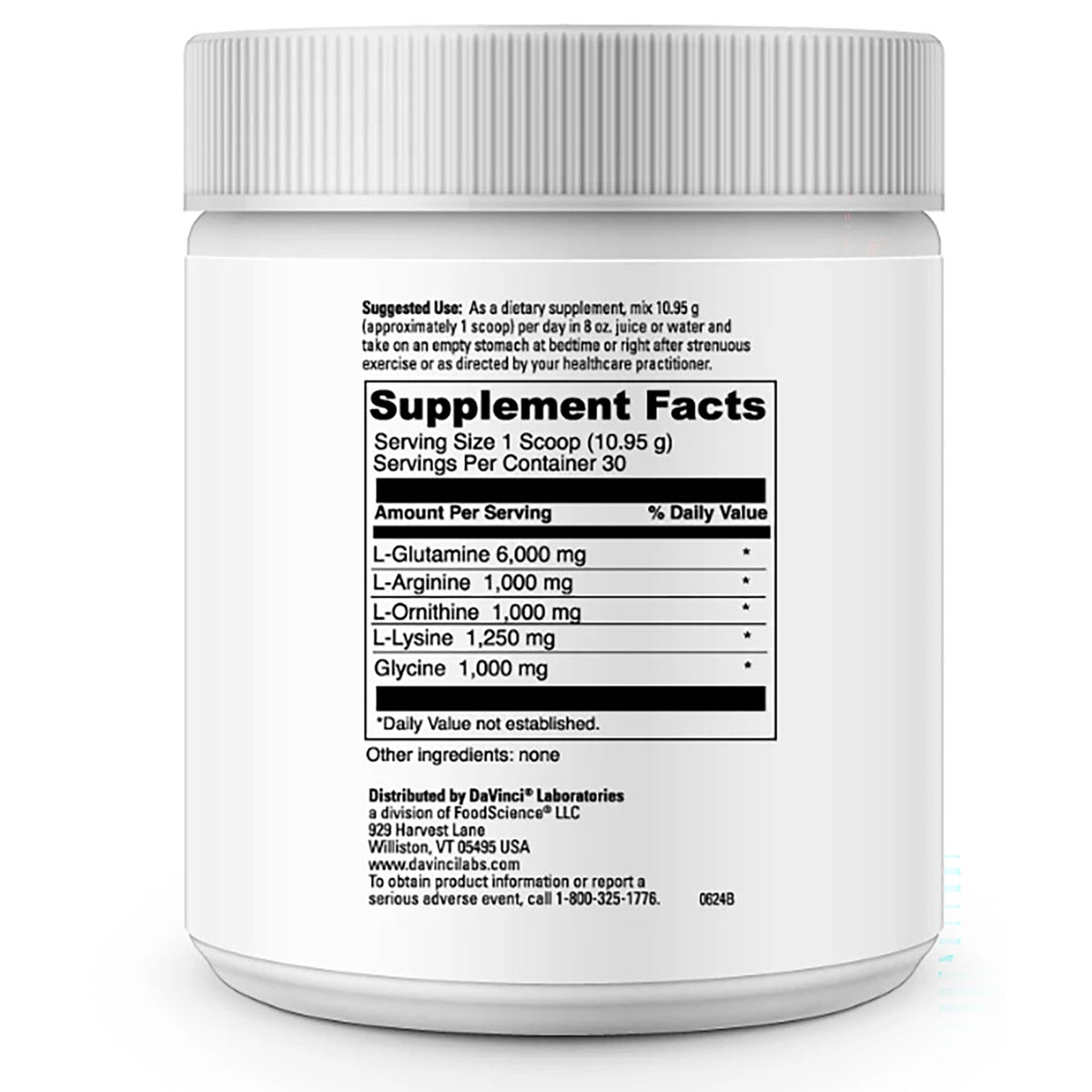 DVL014 | Supplement Facts panel on a white DaVinci Laboratories supplement jar