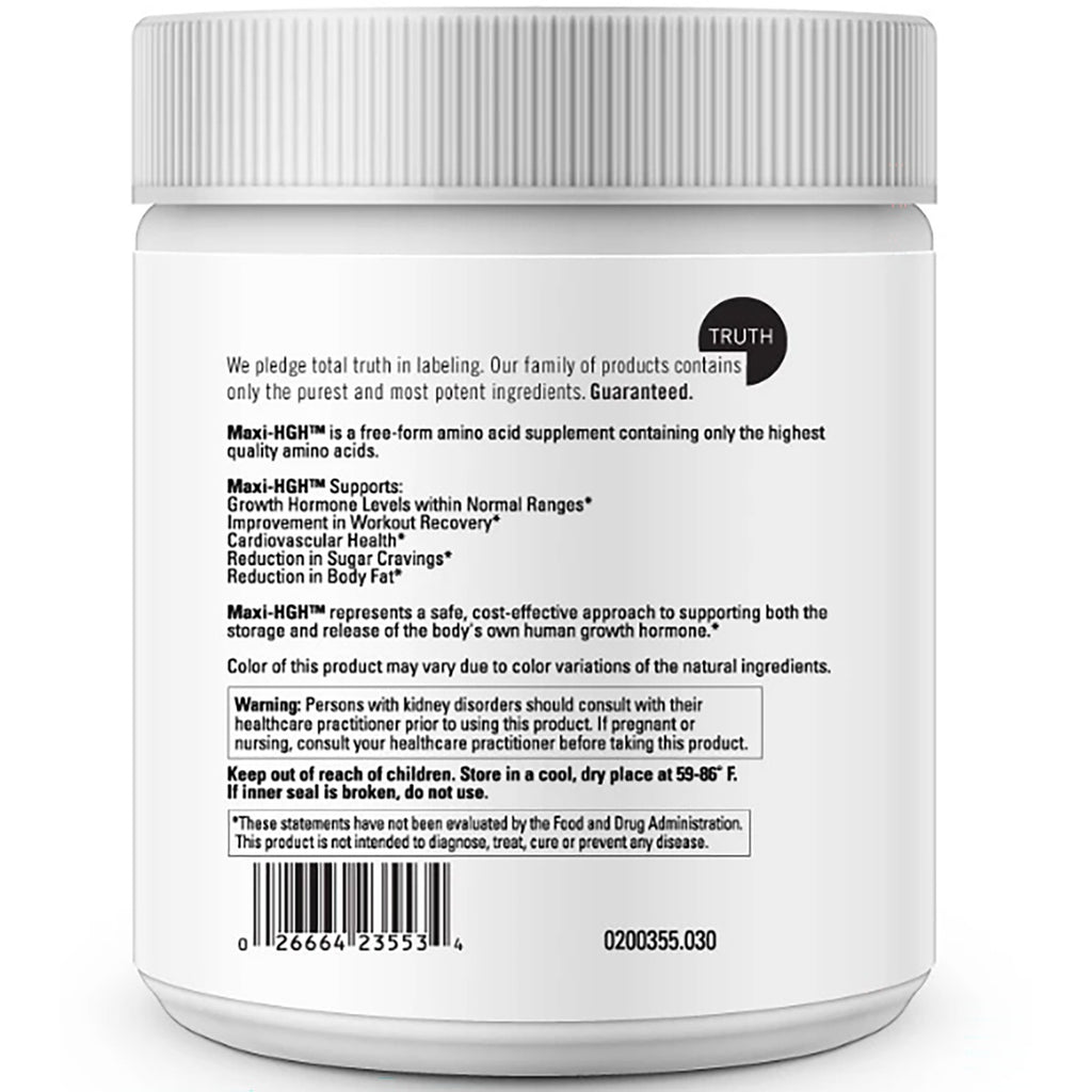 DVL014 | Back label of Maxi-HGH supplement jar with ingredients, warnings, and barcode - Thumbnail