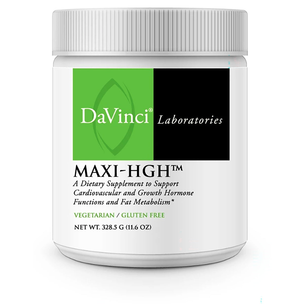 DVL014 | White jar with DaVinci Laboratories Maxi-HGH label showing product name and NON GMO badge