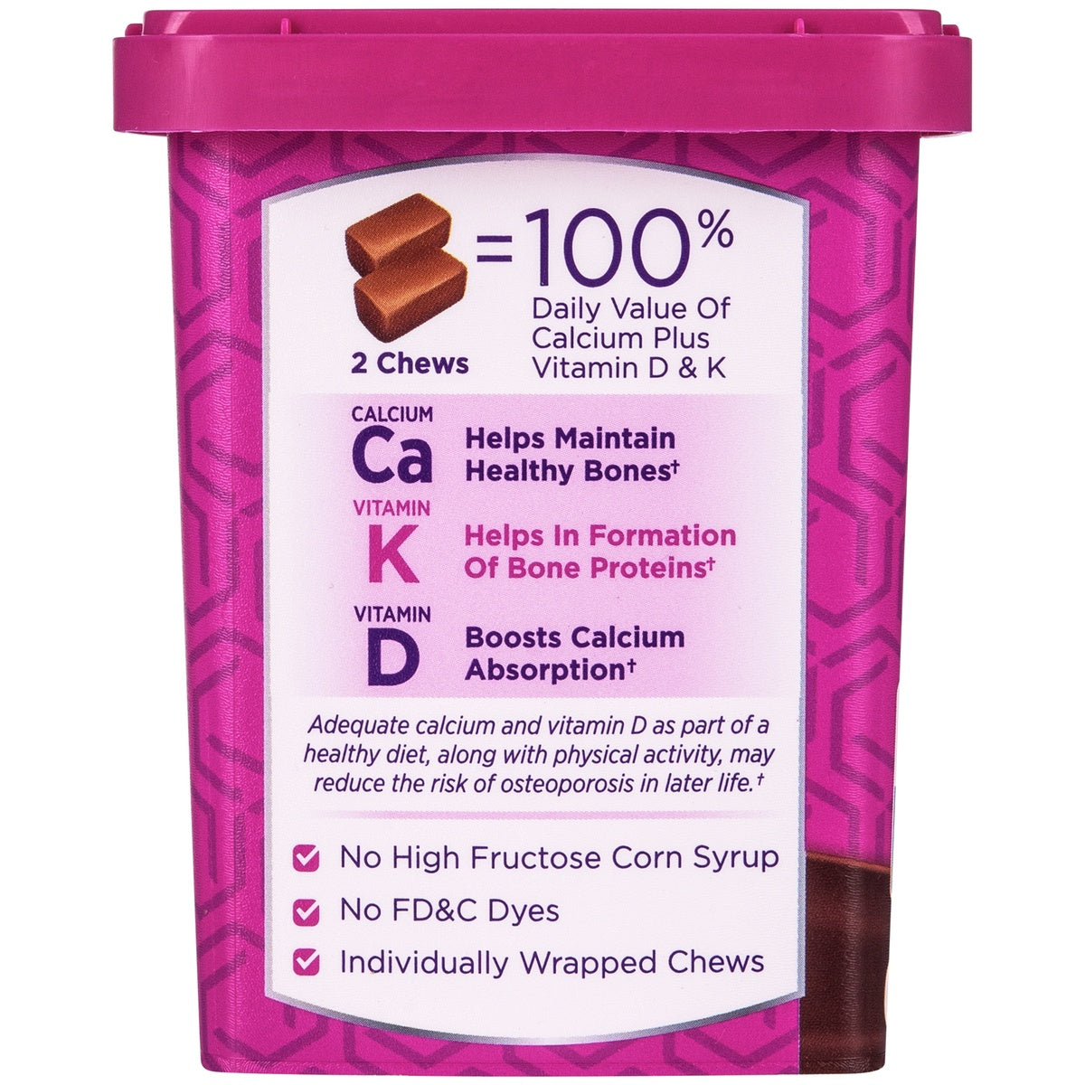 MCN009 | Magenta container of calcium chews with 100% daily value and bone health claims