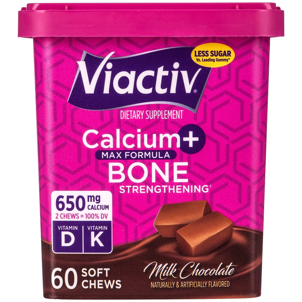 MCN009 | Viactiv Calcium plus D 60-count milk chocolate soft chews tub front showing label and nutrient icons - Thumbnail