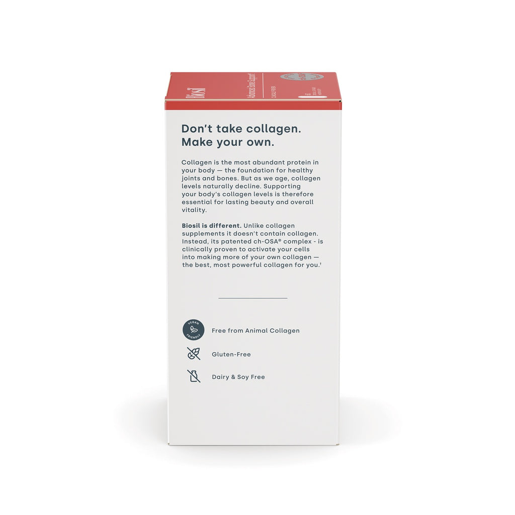NFC170 | Biosil supplement box side panel with collagen benefits and vegan, gluten-free, dairy-free claims - Thumbnail