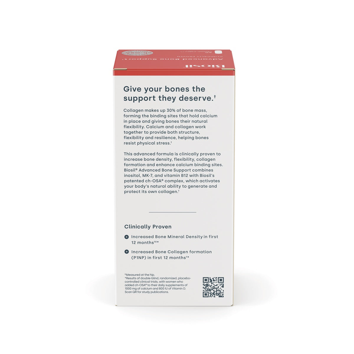 NFC170 | Back panel of Biosil Advanced Bone Support box with clinically proven claims and QR code