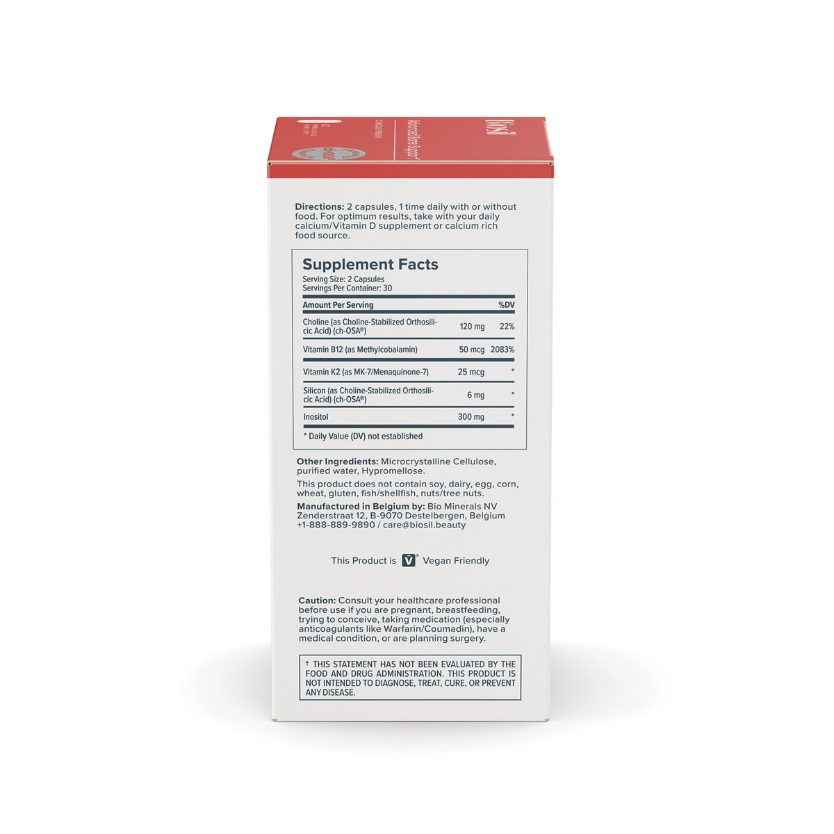 NFC170 | Back panel of Biosil supplement box showing directions, supplement facts, ingredients, and caution text
