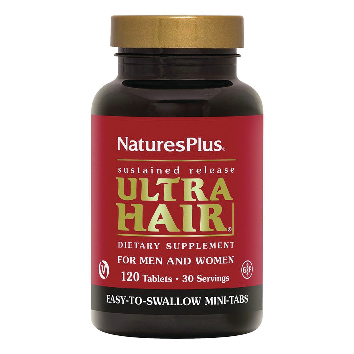 NTP176 | Natures Plus Ultra Hair dietary supplement bottle, 120 tablets for men and women