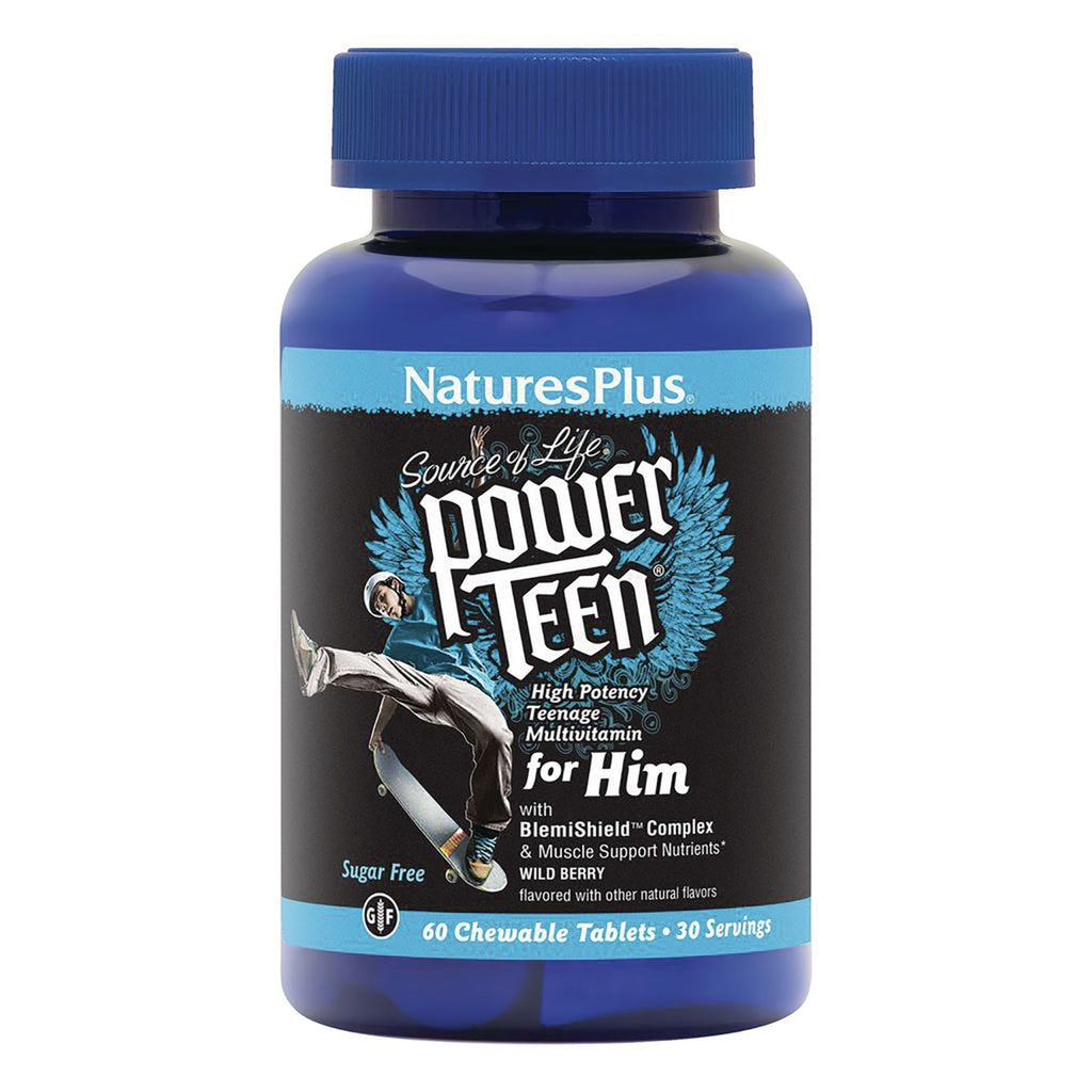 NTP197 | NaturesPlus Power Teen for Him chewable multivitamin bottle, 60 tablets, wild berry flavor - Thumbnail