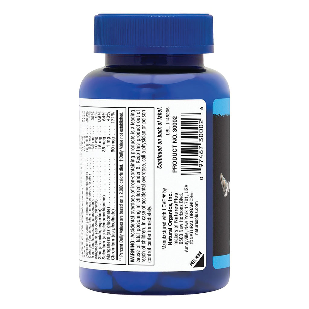 NTP197 | Back label of a blue supplement bottle showing nutrition facts, warning text, and barcode - Thumbnail