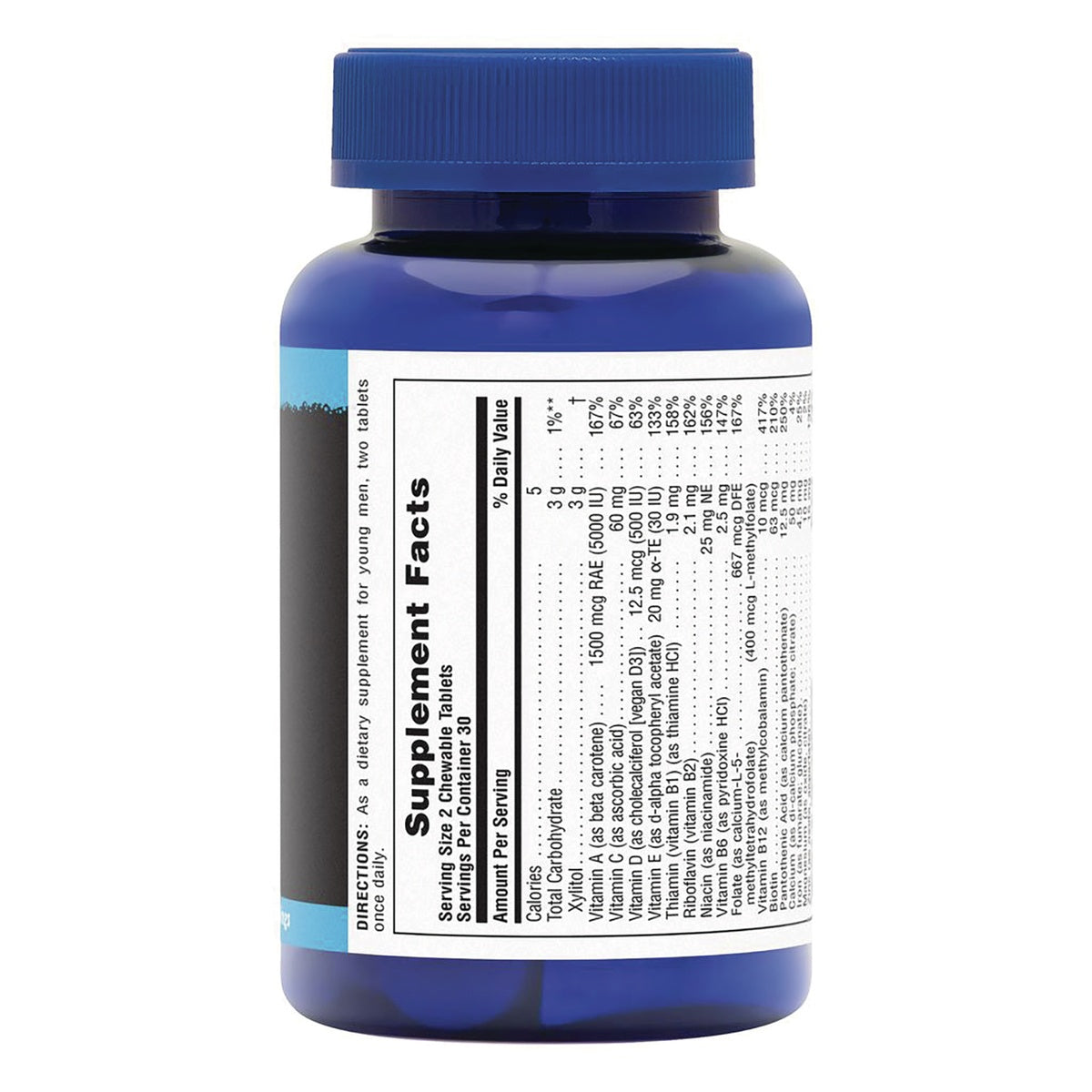 NTP197 | Back label of a blue supplement bottle with nutrition facts, warning, barcode, and peel here tab