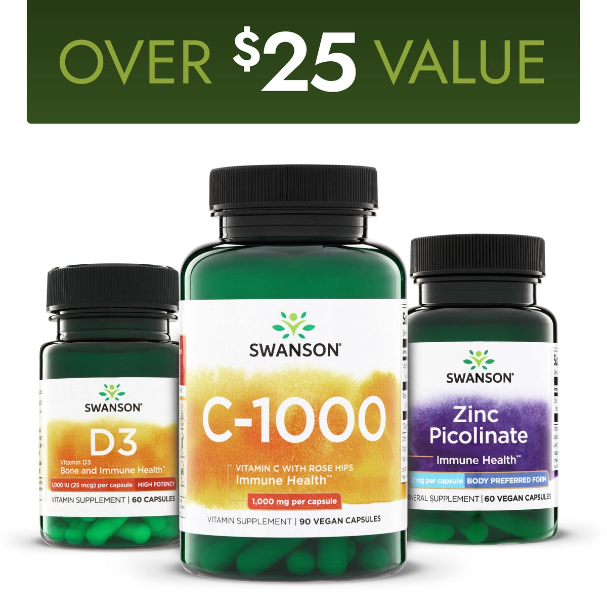 SW2002 | Swanson vitamin supplement bundle with D3, C-1000, and Zinc Picolinate capsules
