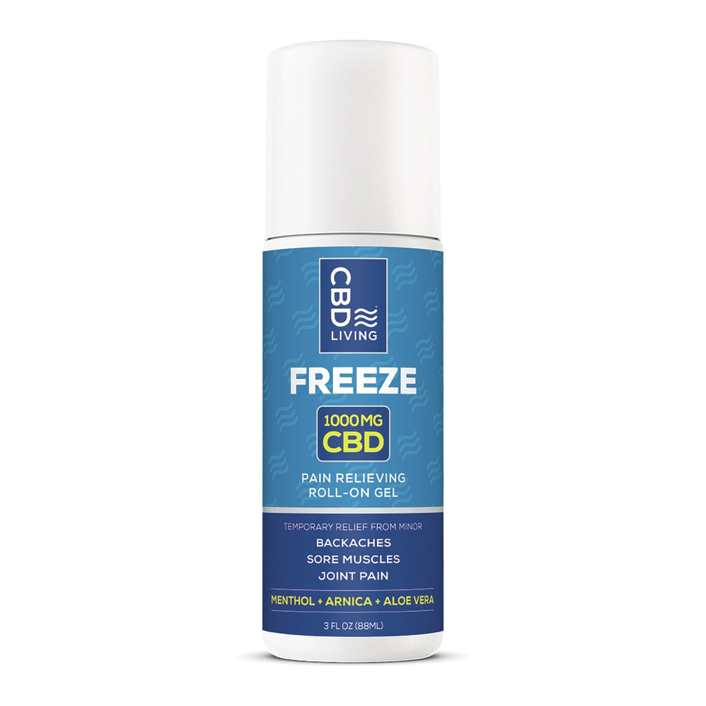 CBD039 | CBD Living Freeze roll-on bottle with white cap, label reads Freeze 1000 mg CBD Pain Relieving Roll-On Gel - Thumbnail