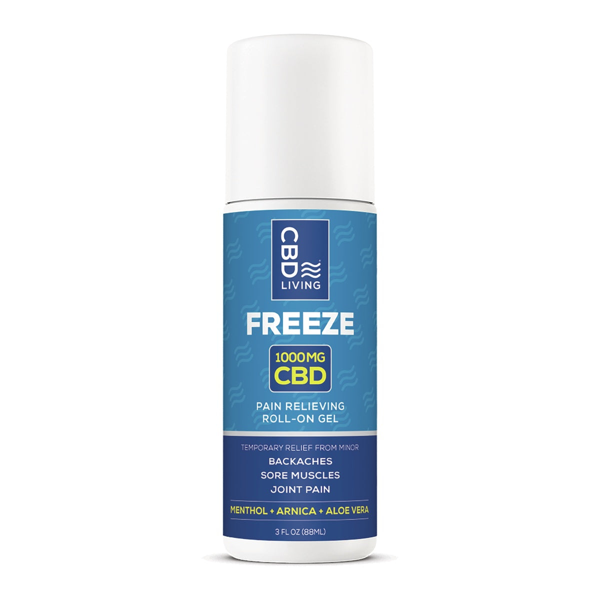 CBD039 | CBD Living Freeze roll-on bottle with white cap, label reads Freeze 1000 mg CBD Pain Relieving Roll-On Gel
