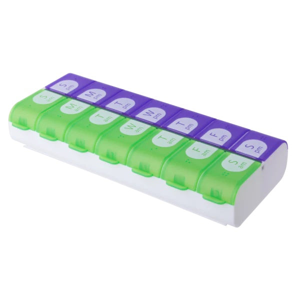 APP09 | Green and purple weekly AM/PM pill organizer with labeled day compartments - Thumbnail