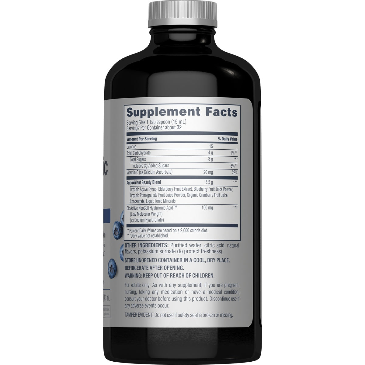NEC010 | back label of dark plastic supplement bottle showing directions, barcode, and partial HYALUR text