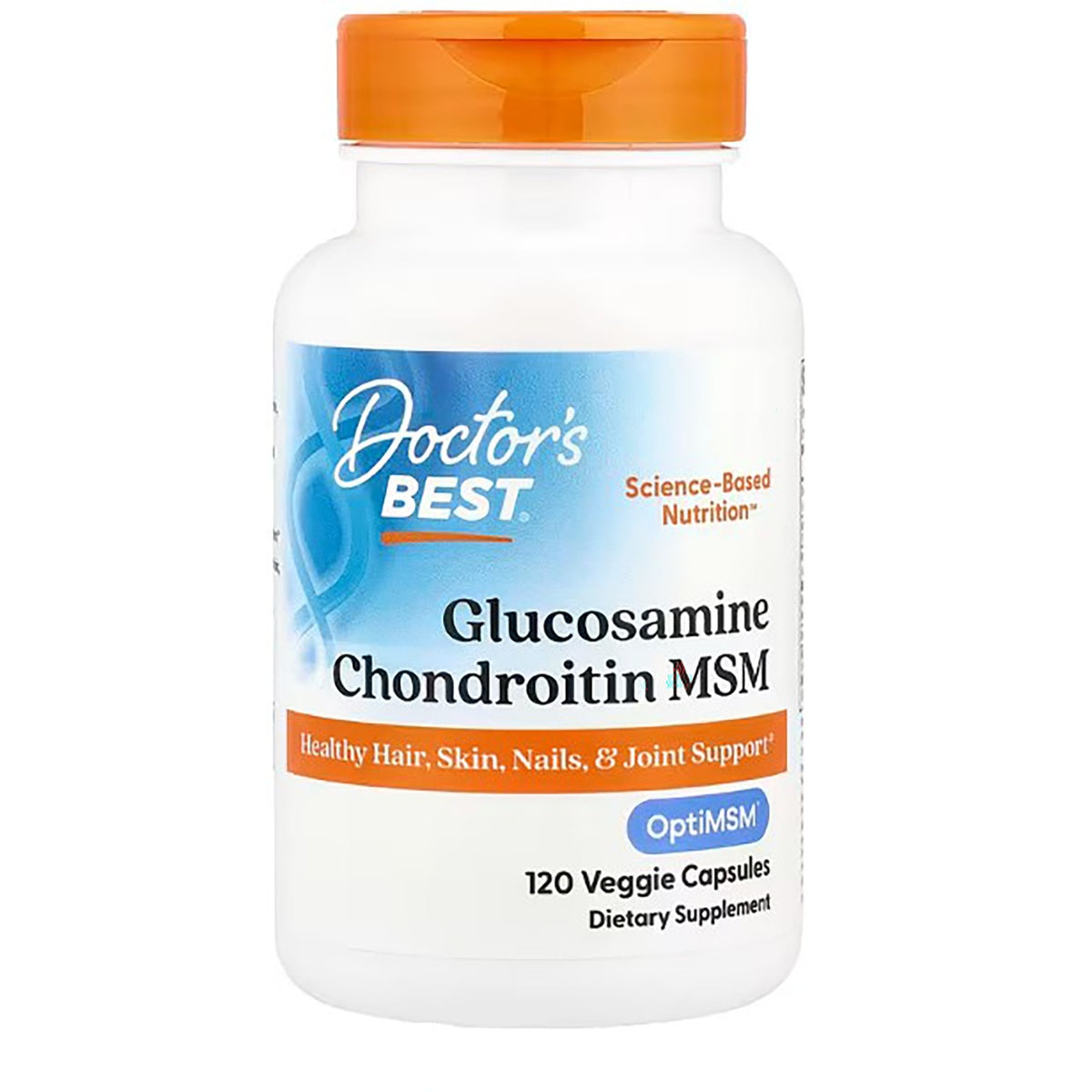 DB155 | Doctor's Best Glucosamine Chondroitin MSM 120 capsules dietary supplement bottle with orange cap labeled OptiMSM