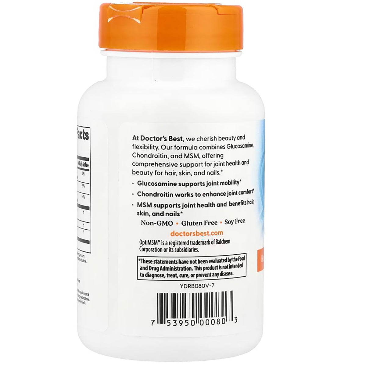 DB155 | back of white supplement bottle showing label text listing glucosamine, chondroitin, MSM, Non-GMO, Gluten Free, and barcode