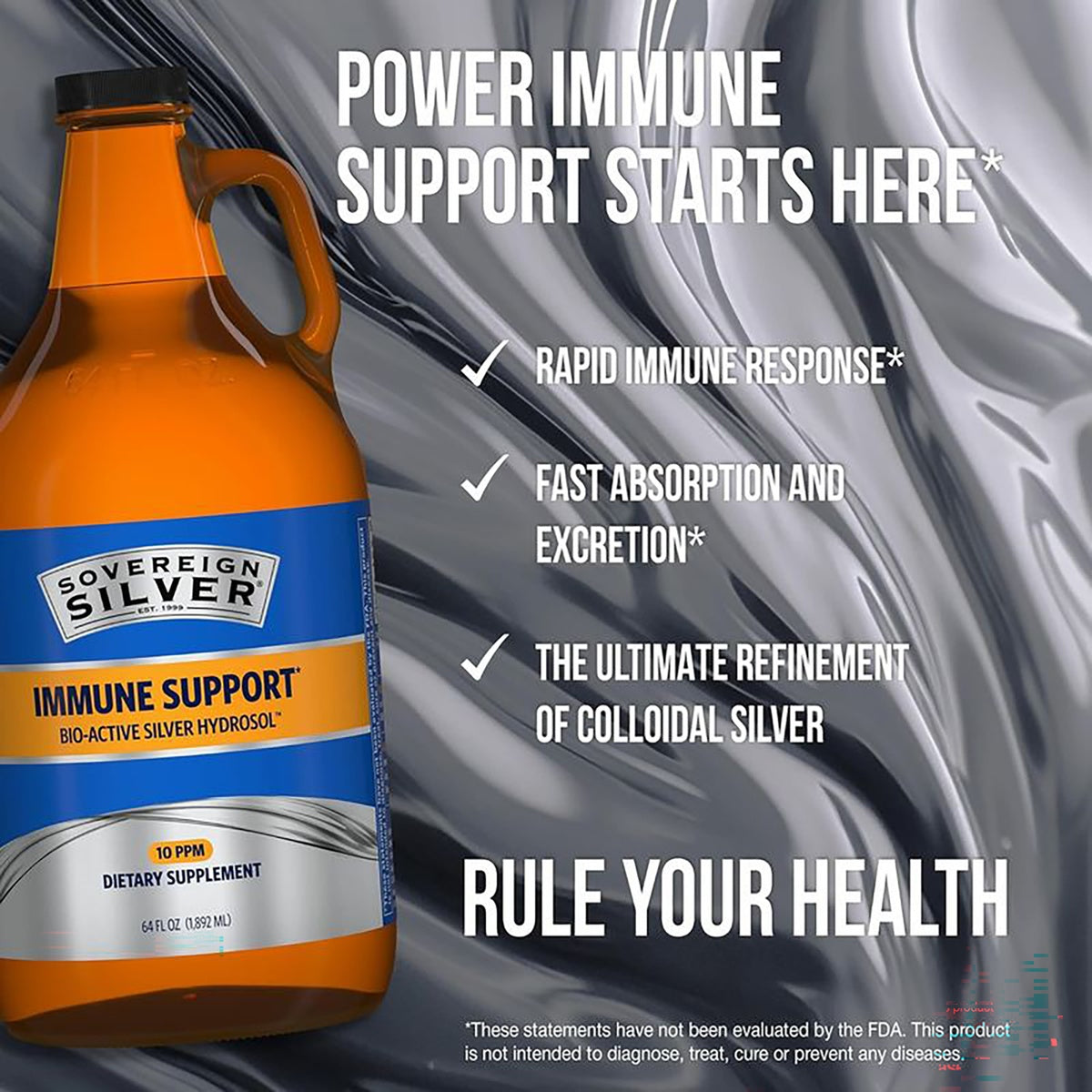 SSL011 | Sovereign Silver Immune Support bio-active silver hydrosol bottle with immune support claims and text