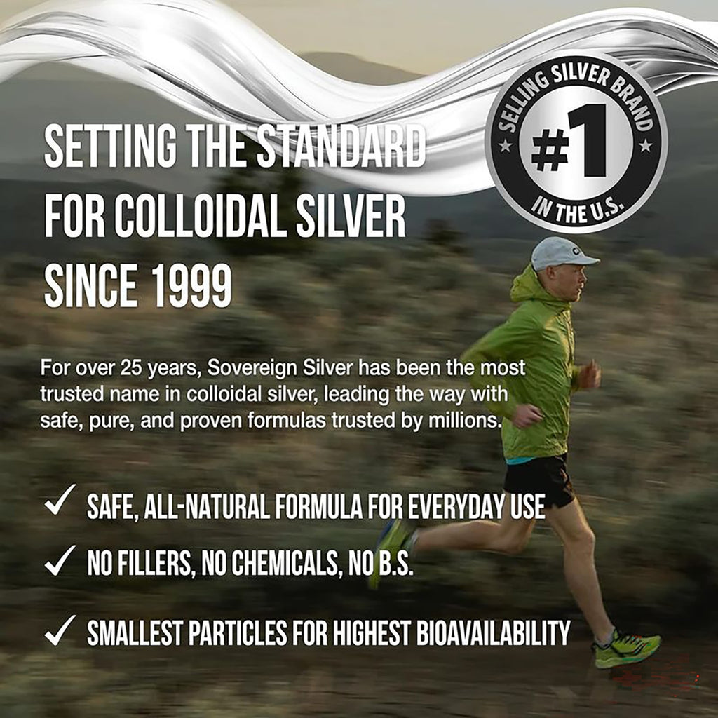 SSL010 | Brand infographic about Sovereign Silver colloidal silver with claims, badges, and a runner in motion - Thumbnail