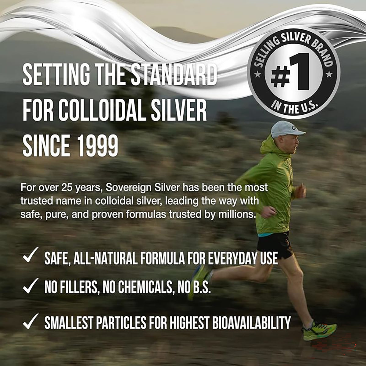 SSL010 | Brand infographic about Sovereign Silver colloidal silver with claims, badges, and a runner in motion