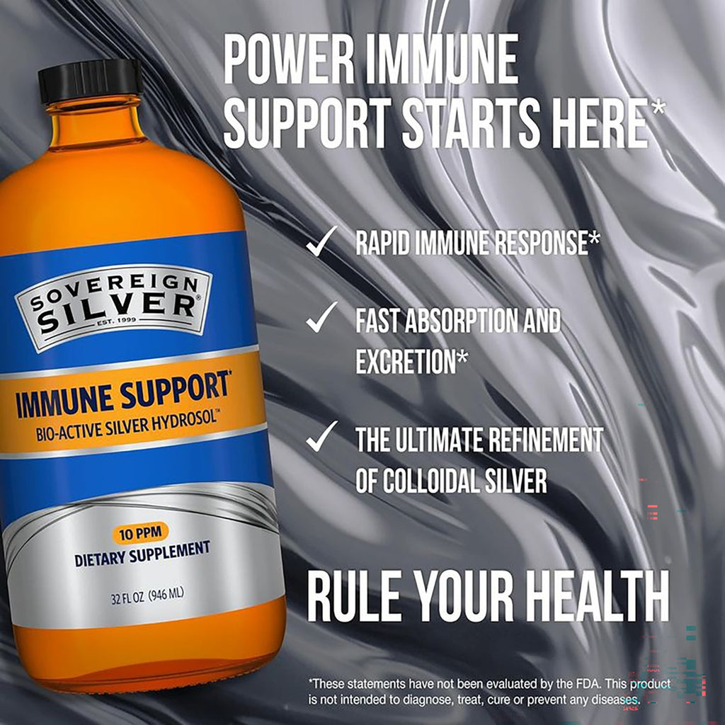 SSL010 | Sovereign Silver Immune Support 10 PPM dietary supplement bottle with immunity benefit claims - Thumbnail