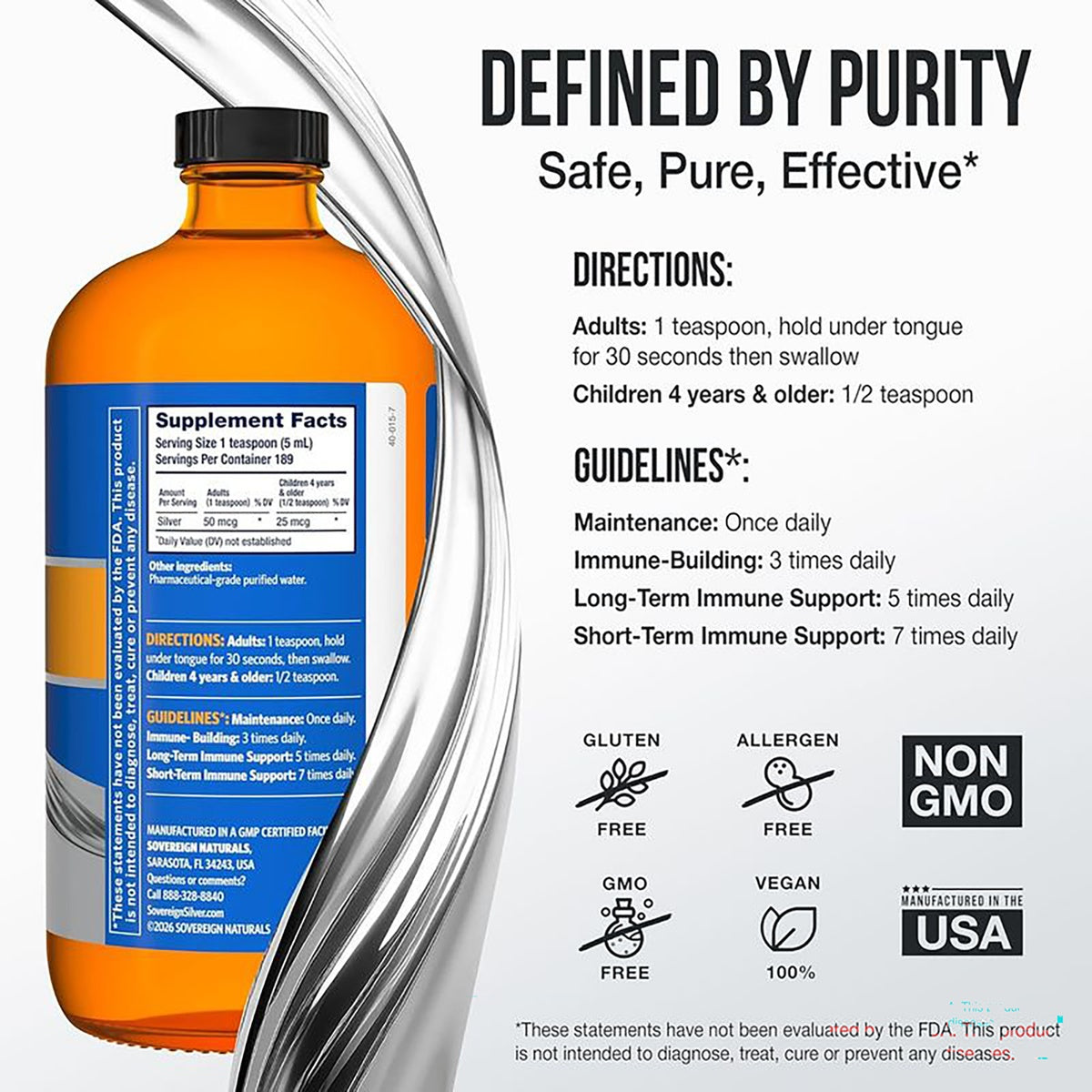 SSL010 | Supplement bottle infographic with purity claims, directions, guidelines, and non-GMO icons