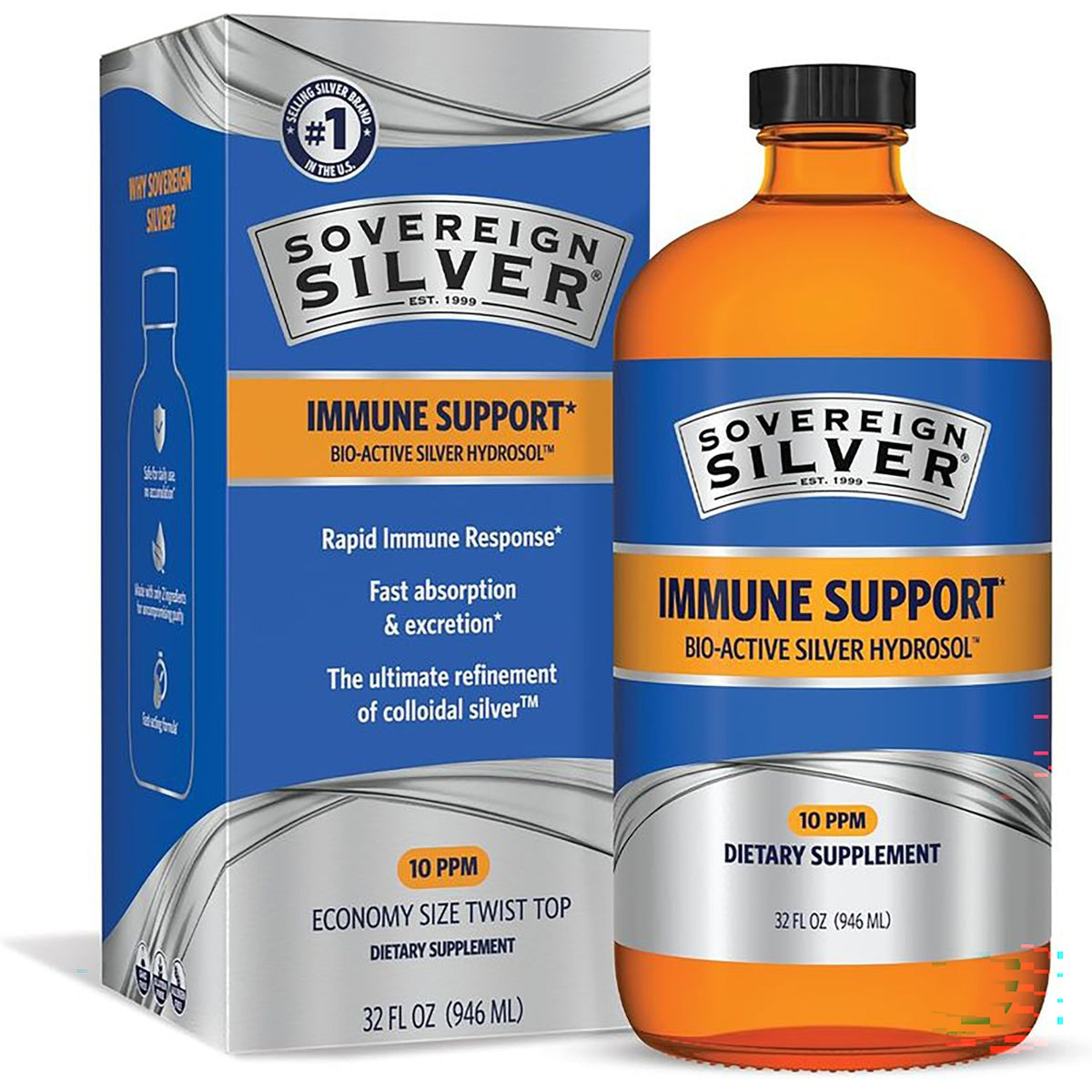 SSL010 | Sovereign Silver Bio-Active Silver Hydrosol Daily+ Immune Support 10 PPM, 32 fl oz bottle and box