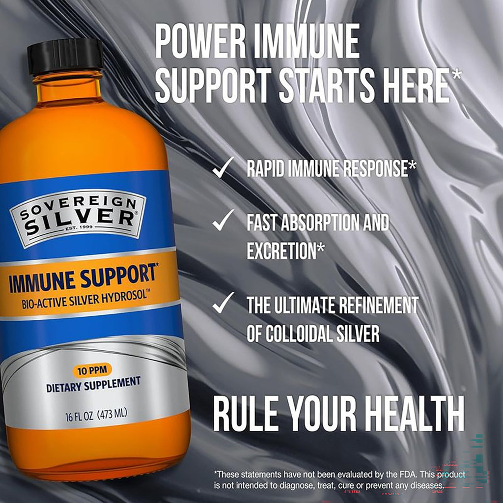 SSL008 | Sovereign Silver Immune Support bio-active silver hydrosol bottle with promotional text - Thumbnail