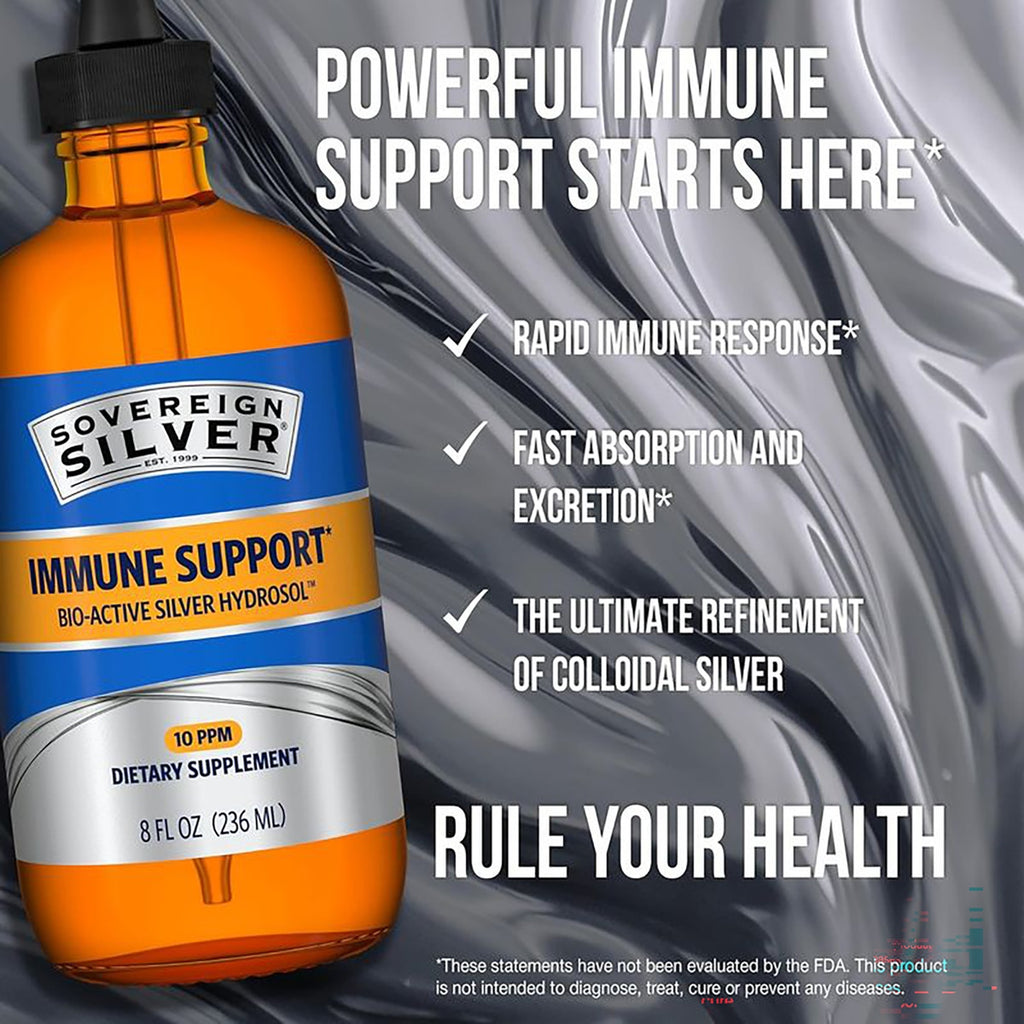 SSL002 | Silver Immune Support dietary supplement bottle with promotional claims and silver background - Thumbnail