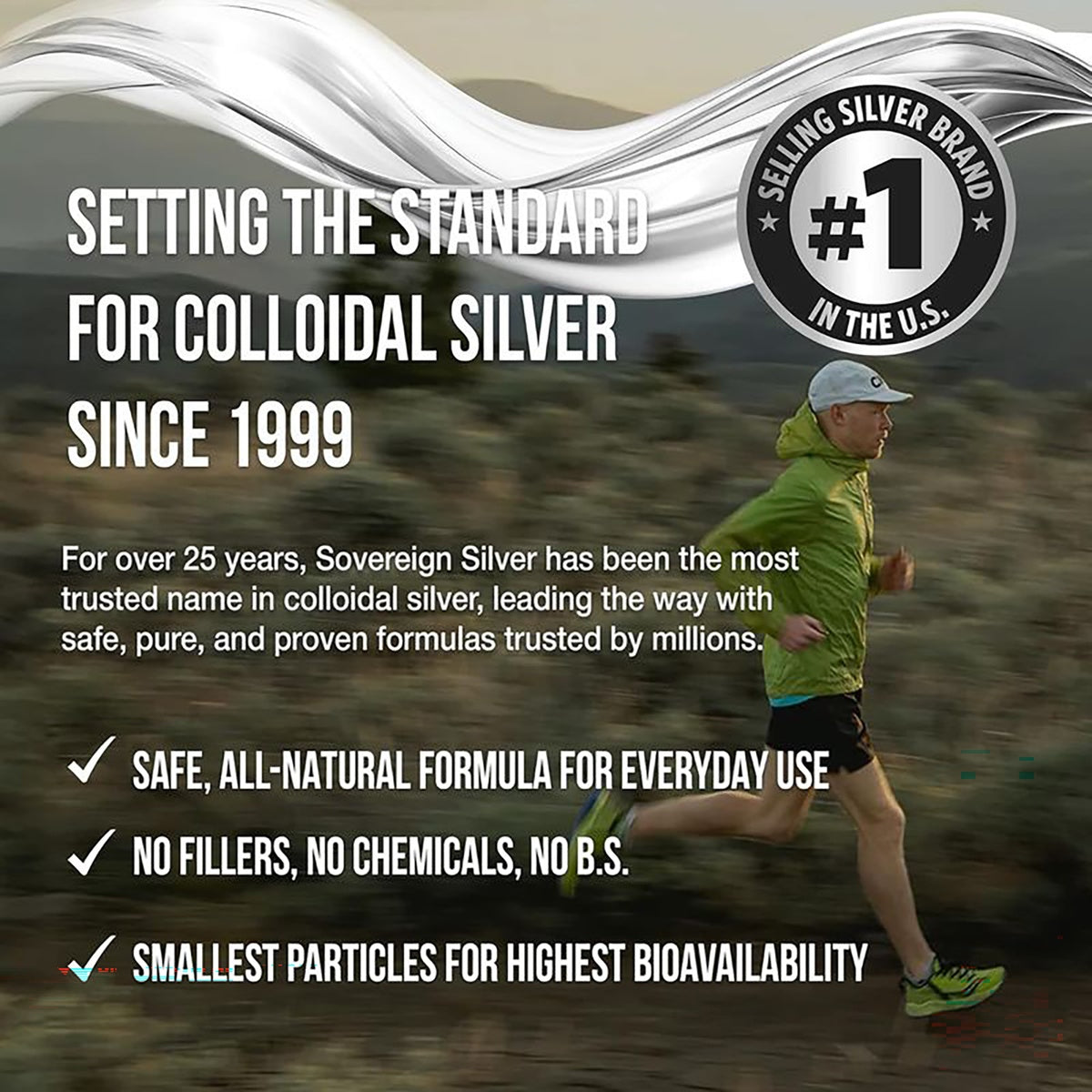 SSL002 | Brand infographic about colloidal silver, featuring a runner and claims of safety and bioavailability