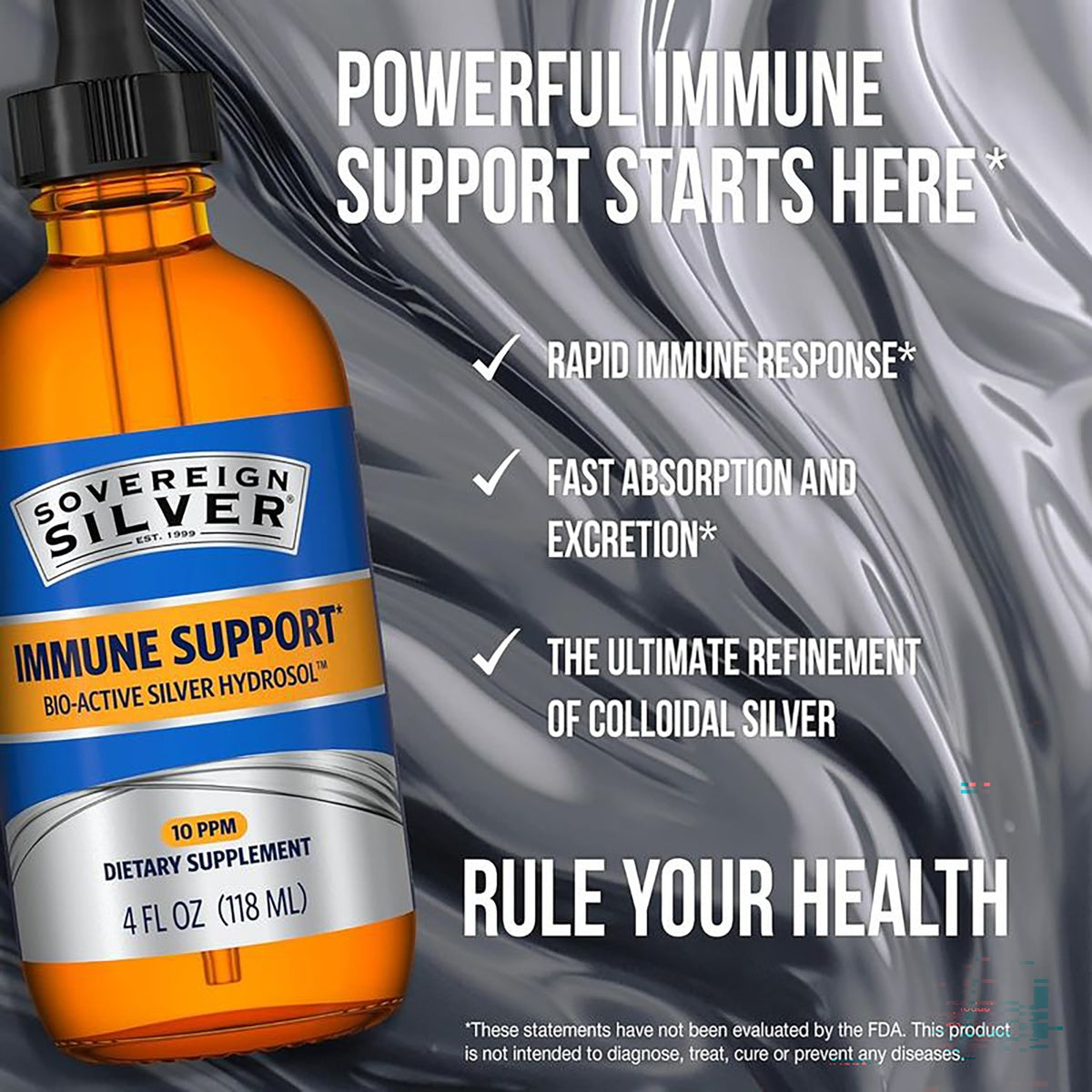 SSL001 | Colloidal silver immune support supplement bottle with promotional benefit text