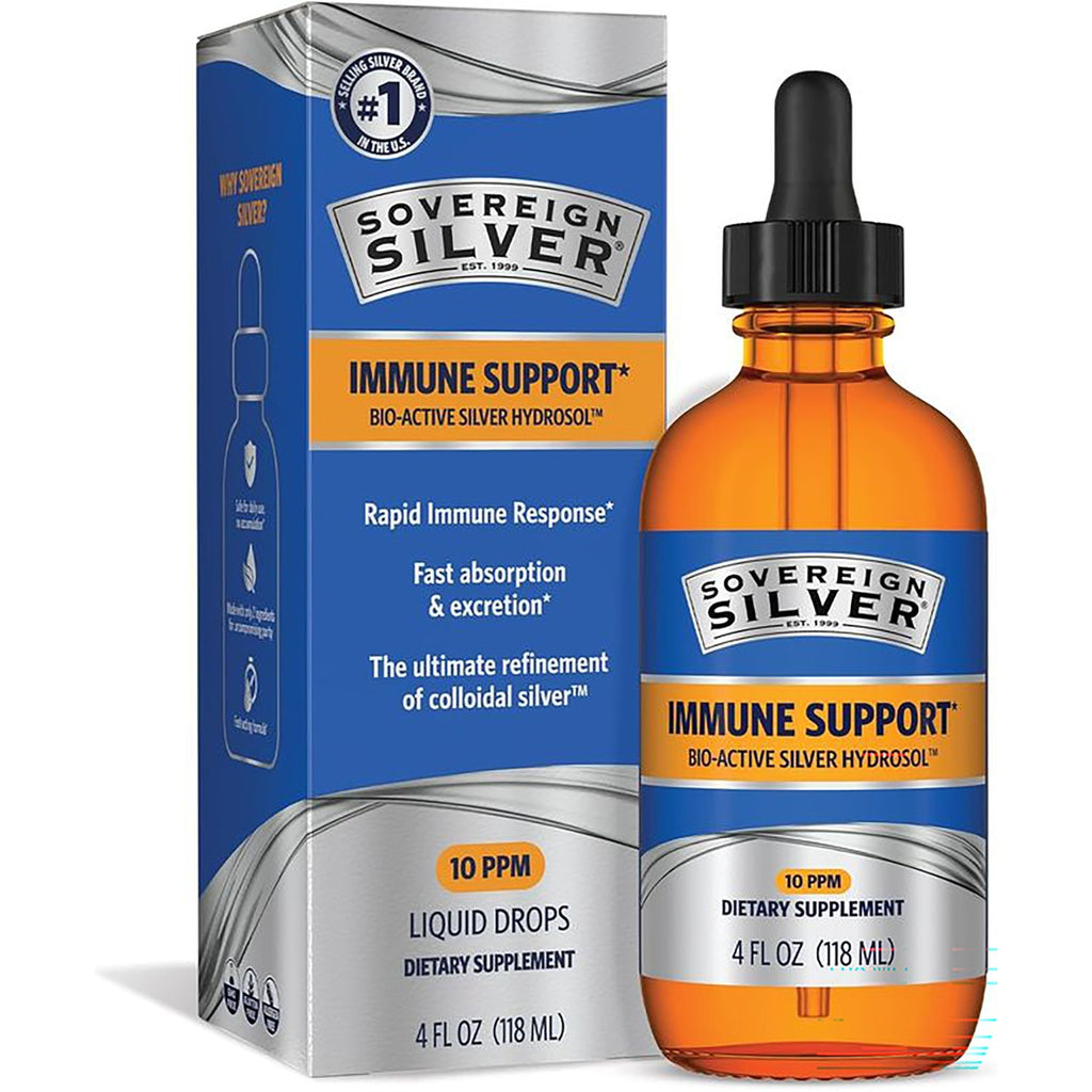 SSL001 | Sovereign Silver Bio-Active Silver Hydrosol Daily+ Immune Support 10 PPM dropper bottle and box - Thumbnail