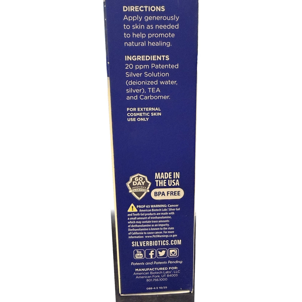 ABL005 | Silver Biotics Silver Gel box back with directions, ingredients, and 100% satisfaction guarantee - Thumbnail