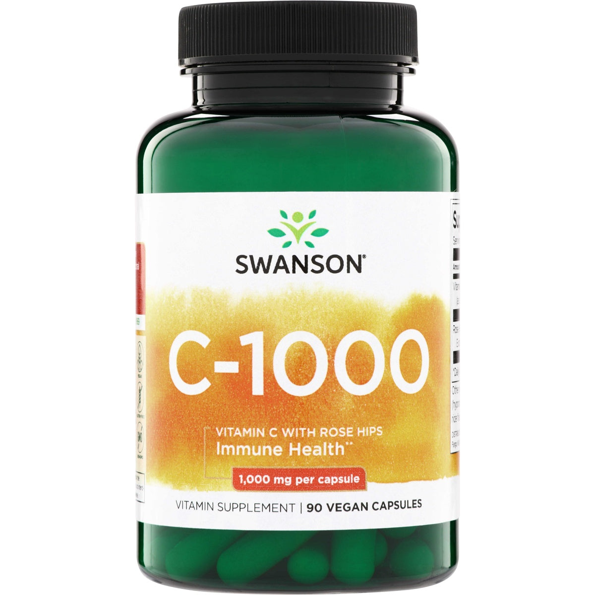 SW2002 | Bottle of Swanson C-1000 vitamin C with rose hips, 1,000 mg per capsule, 90 vegan capsules