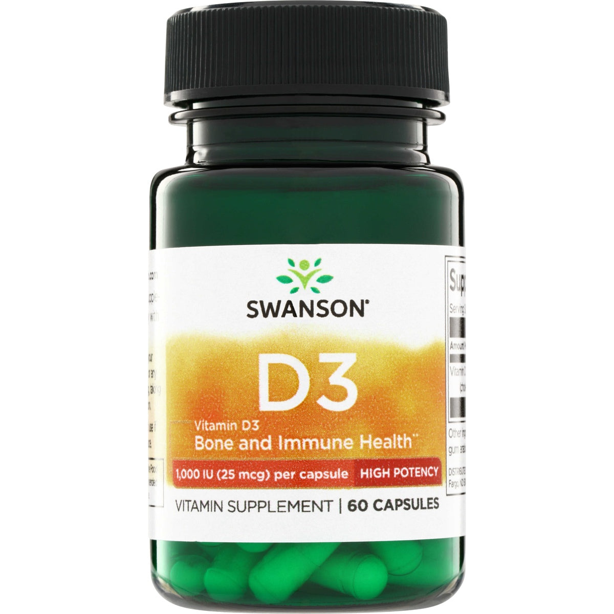 SW2002 | Swanson Vitamin D3 bottle with 60 capsules and Bone and Immune Health label
