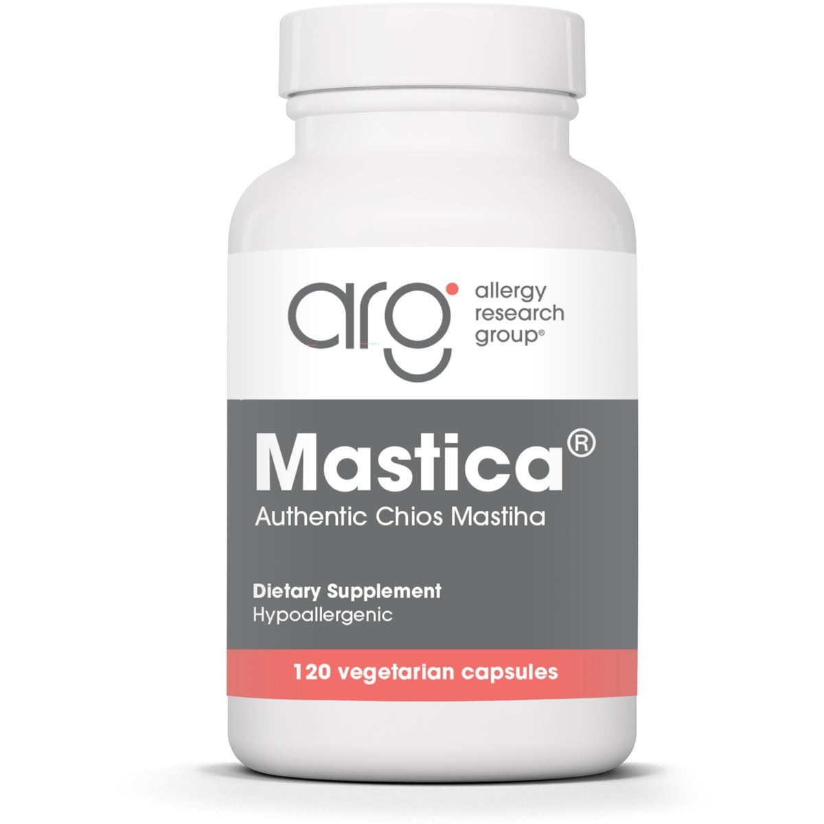 ARG020 | White supplement bottle labeled Mastica Authentic Chios Mastiha, hypoallergenic dietary supplement 120 vegetarian capsules