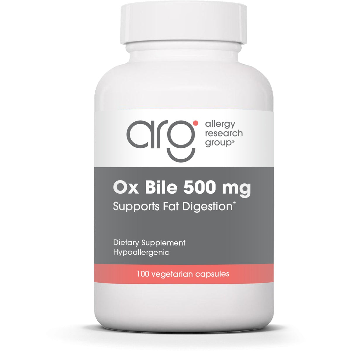 White bottle labeled AllergyResearchGroup Ox Bile 500 mg, Essential for Fat Digestion, hypoallergenic, 100 vegicaps