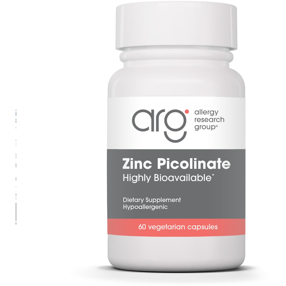 ARG027 | White bottle of AllergyResearchGroup Zinc Picolinate dietary supplement, hypoallergenic, 60 vegetarian capsules