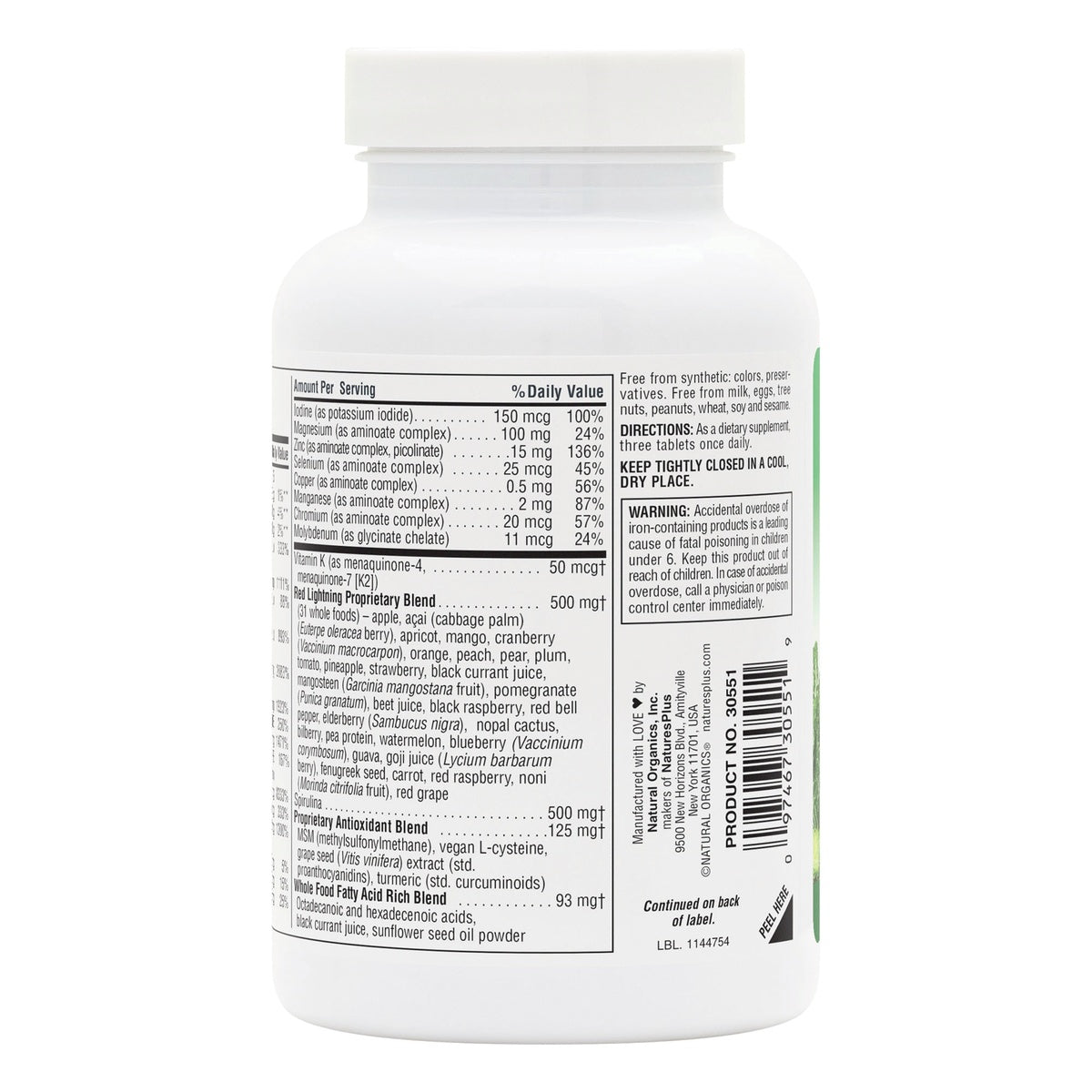NTP203 | Supplement bottle back label with nutrition facts, directions, and warning
