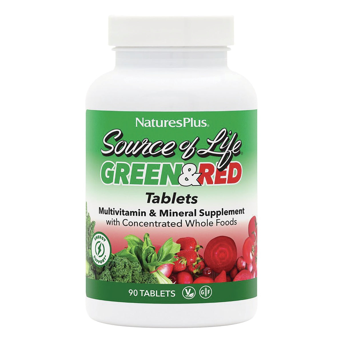 NTP203 | NaturesPlus Green and Red multi-vitamin and mineral supplement bottle, 90 bi-layered tablets